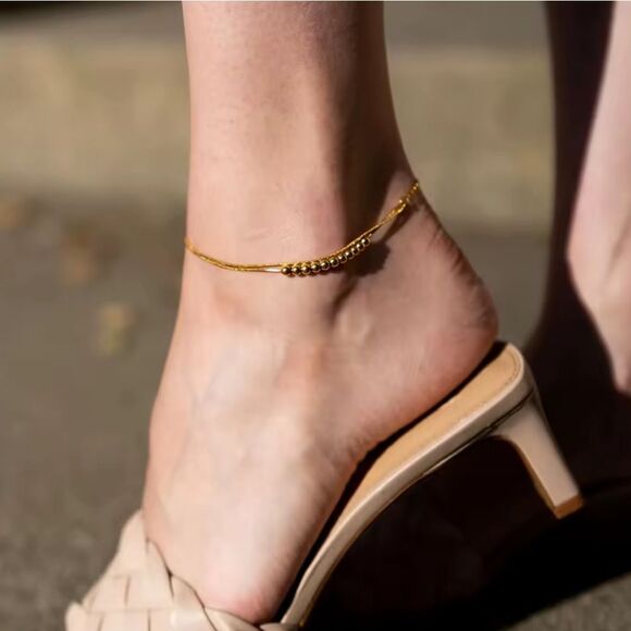 New 18k Gold Ss Double Snake Chain Anklet / Bracelet with Gold Beaded Detail - Picture 1 of 10